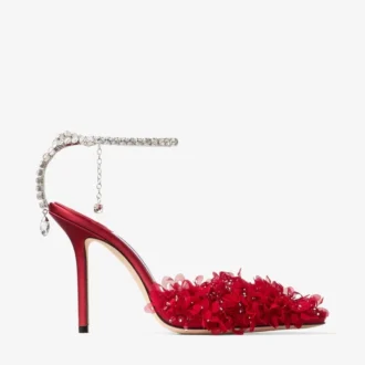 Pantofi cu toc stiletto Saeda 100 din plasă roșu rubiniu cu broderie în formă de petale