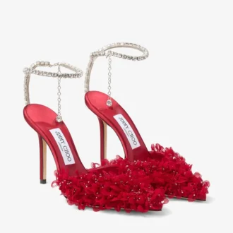 Pantofi cu toc stiletto Saeda 100 din plasă roșu rubiniu cu broderie în formă de petale