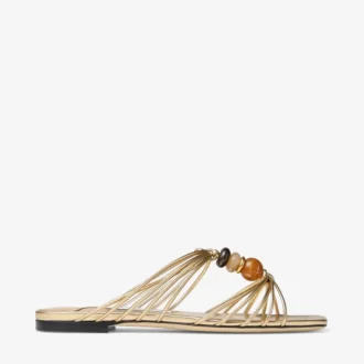 Pantofi Lova Mule Flat din piele nappa metalizată aurie cu mărgele Pantofi Lova Mule Flat din piele nappa metalizată aurie cu mărgele
