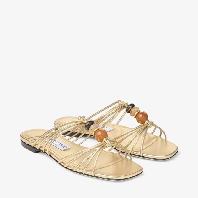 Pantofi Lova Mule Flat din piele nappa metalizată aurie cu mărgele Pantofi Lova Mule Flat din piele nappa metalizată aurie cu mărgele