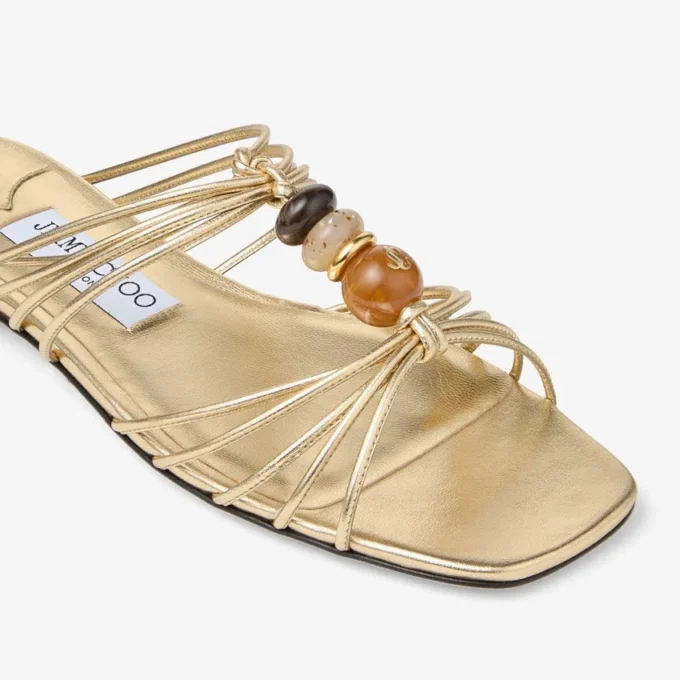 Pantofi Lova Mule Flat din piele nappa metalizată aurie cu mărgele Pantofi Lova Mule Flat din piele nappa metalizată aurie cu mărgele
