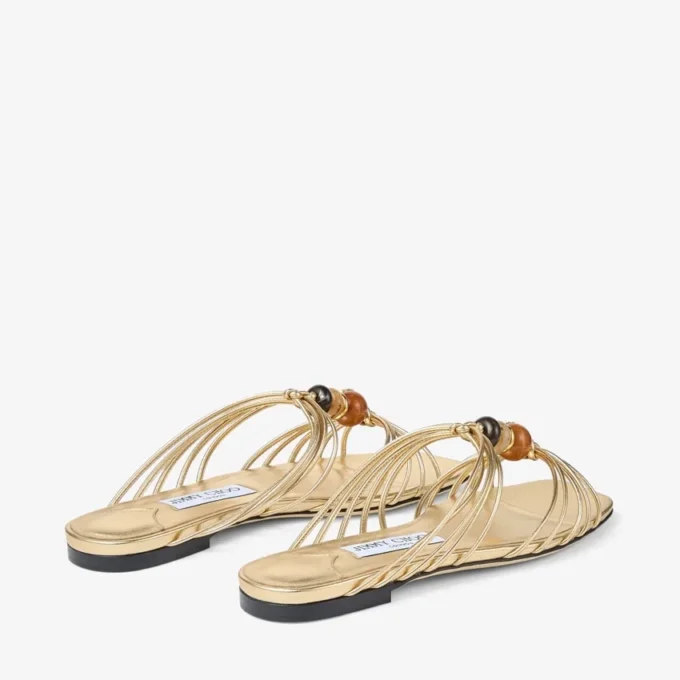 Pantofi Lova Mule Flat din piele nappa metalizată aurie cu mărgele Pantofi Lova Mule Flat din piele nappa metalizată aurie cu mărgele