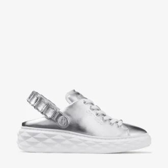 Pantofi sport Diamond Sling din piele metalizată argintie cu curea cu cristale Pantofi sport Diamond Sling din piele metalizată argintie cu curea cu cristale