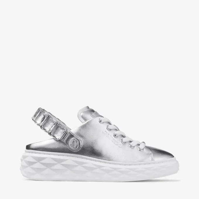 Pantofi sport Diamond Sling din piele metalizată argintie cu curea cu cristale Pantofi sport Diamond Sling din piele metalizată argintie cu curea cu cristale