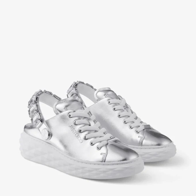 Pantofi sport Diamond Sling din piele metalizată argintie cu curea cu cristale Pantofi sport Diamond Sling din piele metalizată argintie cu curea cu cristale