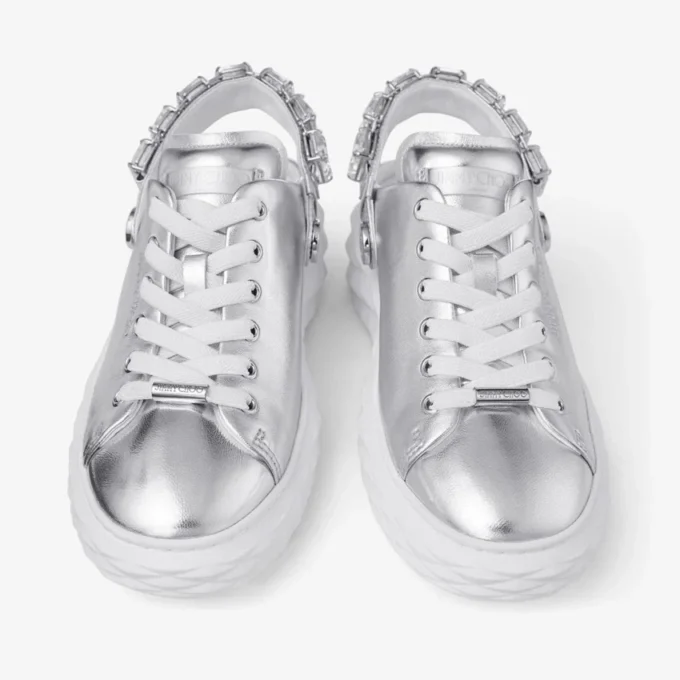 Pantofi sport Diamond Sling din piele metalizată argintie cu curea cu cristale Pantofi sport Diamond Sling din piele metalizată argintie cu curea cu cristale