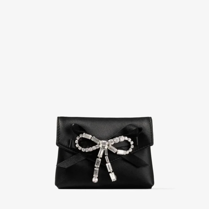 Portcard moale cu lanț Portcard din satin negru cu fundă cu cristale Portcard moale cu lanț Portcard din satin negru cu fundă cu cristale