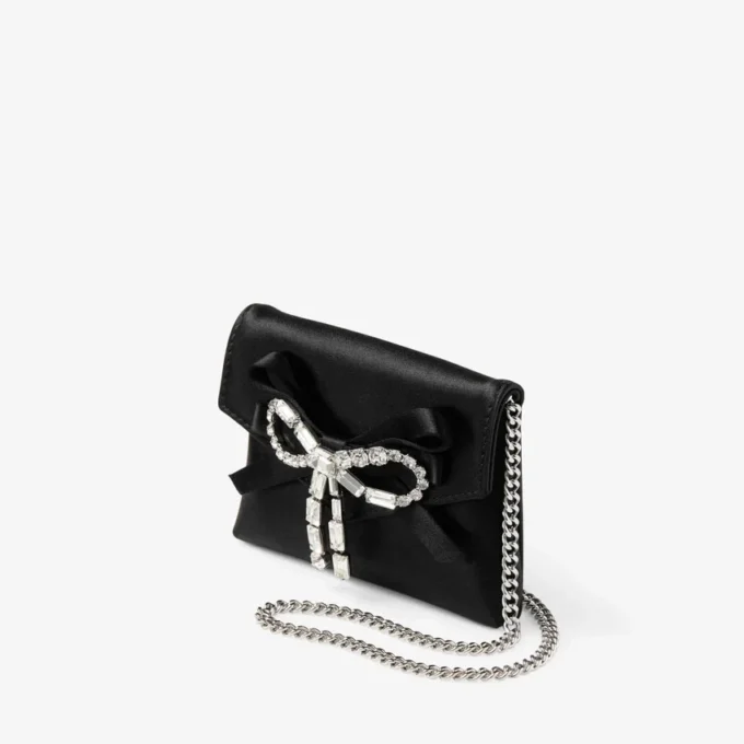 Portcard moale cu lanț Portcard din satin negru cu fundă cu cristale Portcard moale cu lanț Portcard din satin negru cu fundă cu cristale