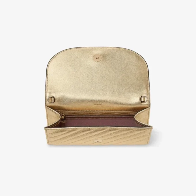 Portofel Curve cu lanț Clutch din piele metalizată matlasată auriu strălucitor Portofel Curve cu lanț Clutch din piele metalizată matlasată auriu strălucitor