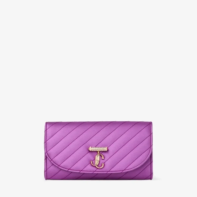 Portofel Curve cu lanț Lanț de portofel din satin matlasat Violet Orchid cu bară Jc din cristal Portofel Curve cu lanț Lanț de portofel din satin matlasat Violet Orchid cu bară Jc din cristal