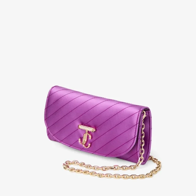 Portofel Curve cu lanț Lanț de portofel din satin matlasat Violet Orchid cu bară Jc din cristal Portofel Curve cu lanț Lanț de portofel din satin matlasat Violet Orchid cu bară Jc din cristal