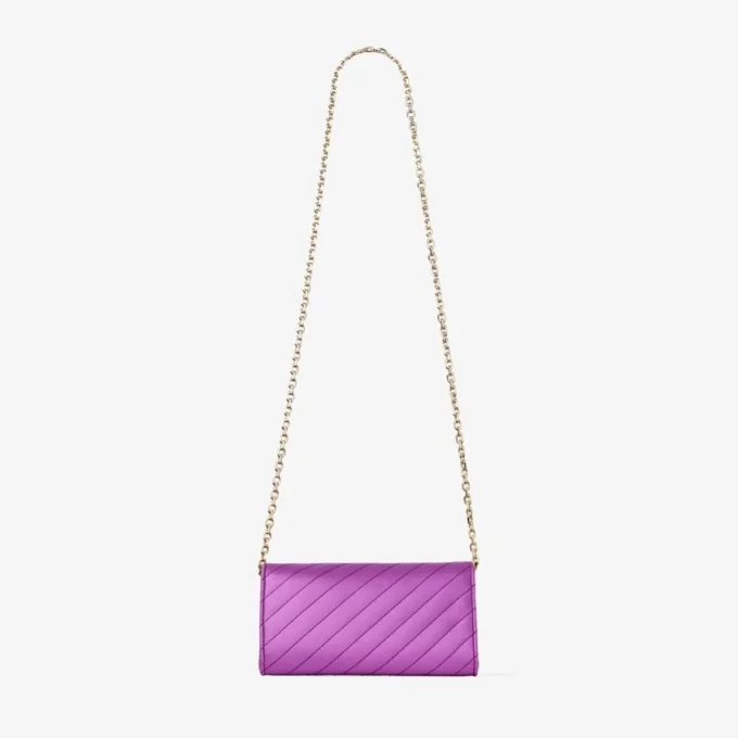 Portofel Curve cu lanț Lanț de portofel din satin matlasat Violet Orchid cu bară Jc din cristal Portofel Curve cu lanț Lanț de portofel din satin matlasat Violet Orchid cu bară Jc din cristal