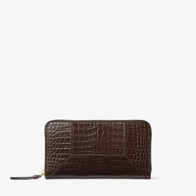 Portofel Diamond Pippa din piele de vițel cu imprimeu crocodil, culoare ciocolată
