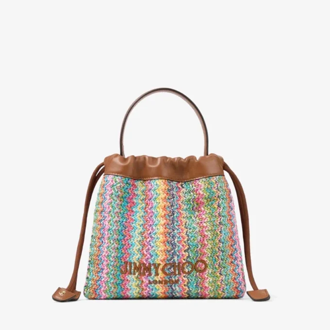 Pungă cu șnur și mâner superior Pungă cu șnur din rafie multicoloră și bej cu model în zig-zag, cu finisaje din piele
