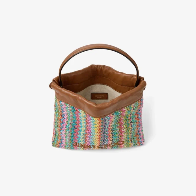 Pungă cu șnur și mâner superior Pungă cu șnur din rafie multicoloră și bej cu model în zig-zag, cu finisaje din piele