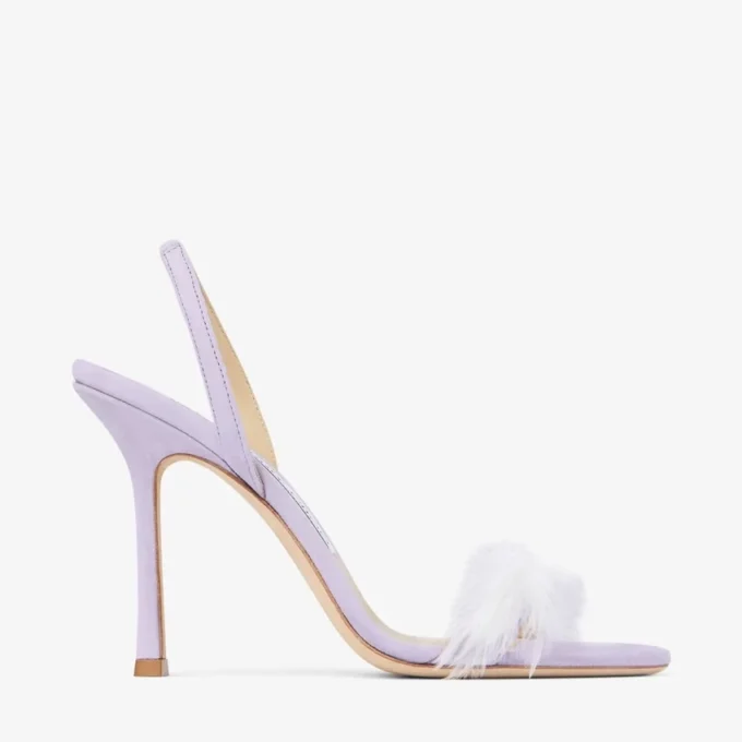 Sandale din piele de căprioară liliac „72138” cu ornamente din pene Sandale din piele de căprioară liliac „72138” cu ornamente din pene