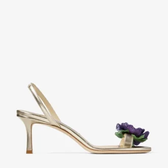 Sandale din piele nappa metalizată cu corsaj floral Sandale din piele nappa metalizată cu corsaj floral