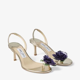 Sandale din piele nappa metalizată cu corsaj floral Sandale din piele nappa metalizată cu corsaj floral