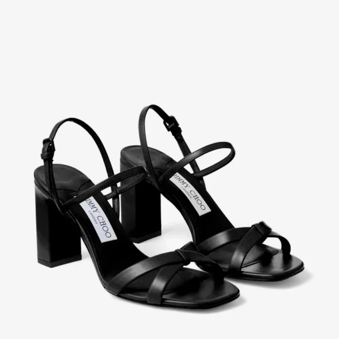 Sandale Elsy cu toc gros de 85 mm din piele nappa neagră