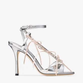 Sandale Lula 100 din piele Liquid Metal argintie și Macaron cu funde din catifea