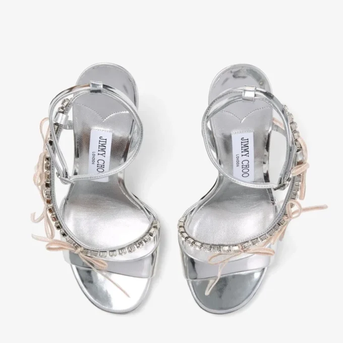 Sandale Lula 100 din piele Liquid Metal argintie și Macaron cu funde din catifea Sandale Lula 100 din piele Liquid Metal argintie și Macaron cu funde din catifea