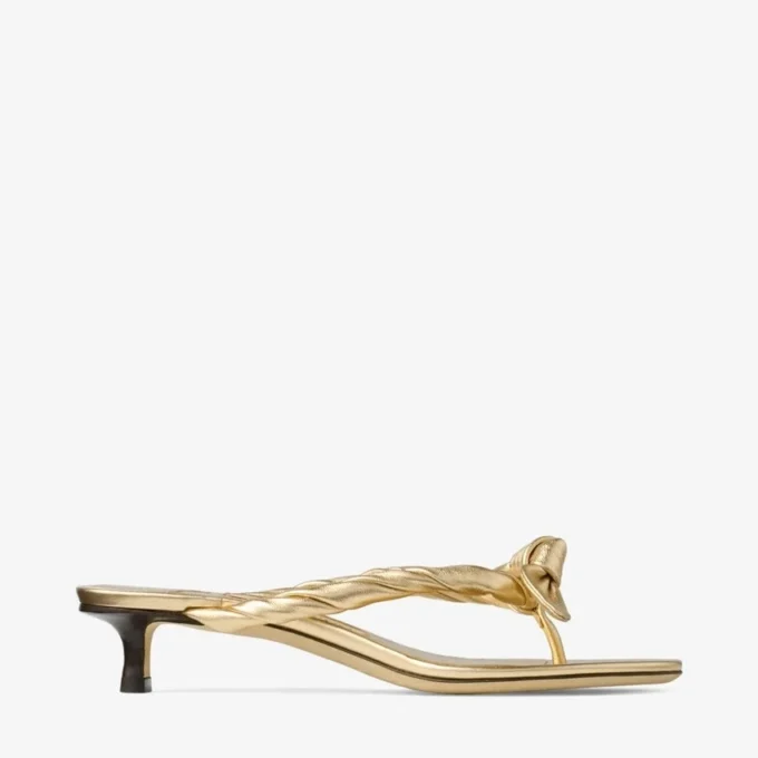 Sandale mule Liss 35 din piele nappa metalizată aurie cu fundă