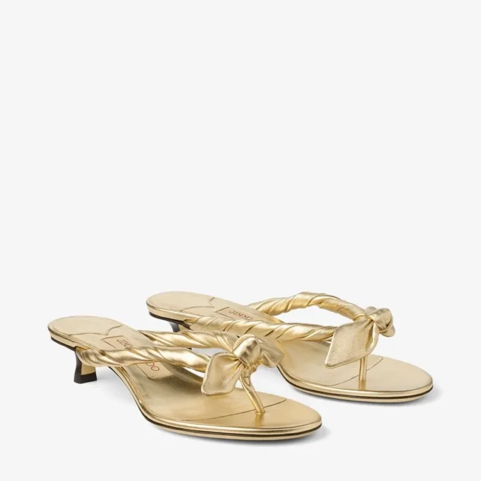 Sandale mule Liss 35 din piele nappa metalizată aurie cu fundă