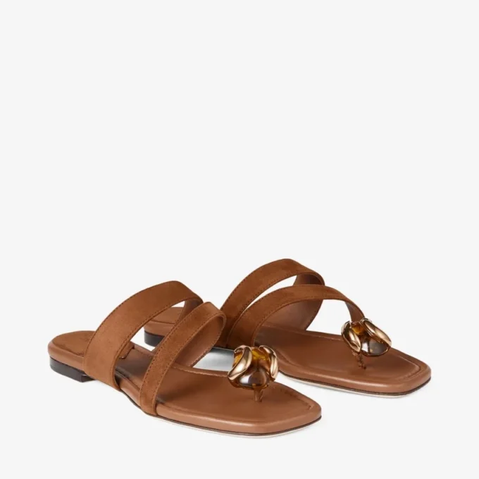 Sandale plate Emeri din piele de căprioară de culoare bej și chihlimbar Sandale plate Emeri din piele de căprioară de culoare bej și chihlimbar