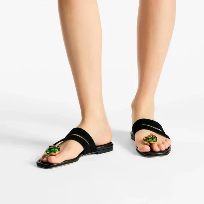 Sandale plate Emeri Stone din piele de căprioară neagră și verde trifoi