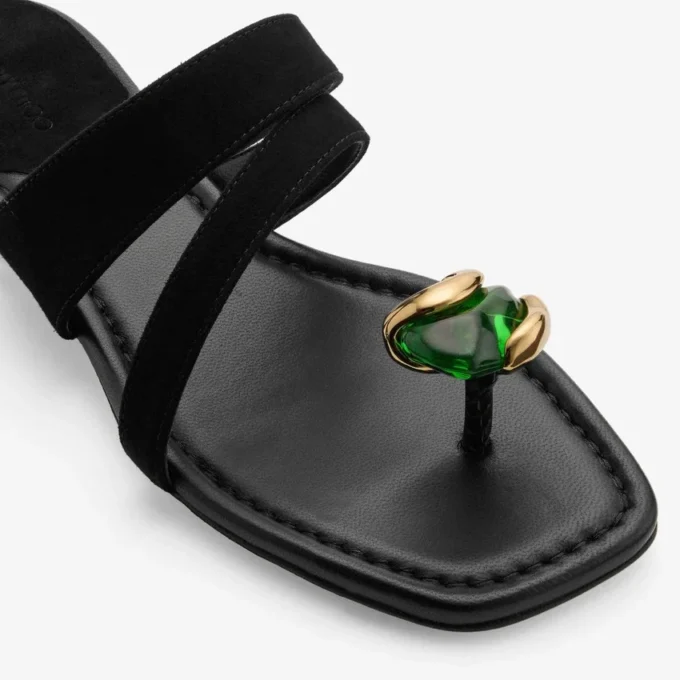 Sandale plate Emeri Stone din piele de căprioară neagră și verde trifoi