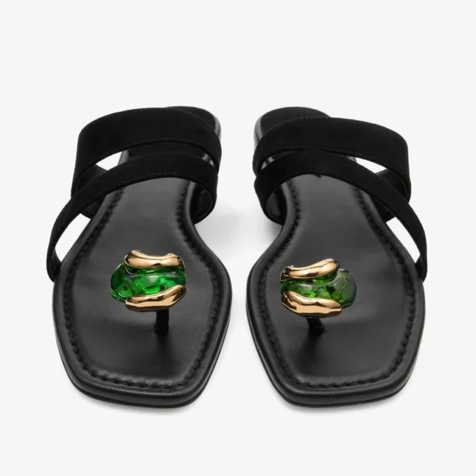 Sandale plate Emeri Stone din piele de căprioară neagră și verde trifoi