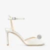 Sandale Sacora 85 din satin de culoare ivoriu, cu sferă decorată cu cristale