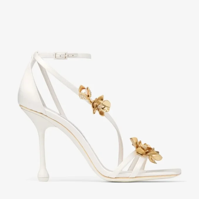 Sandale Zea 95 cu flori din satin de culoare ivoriu