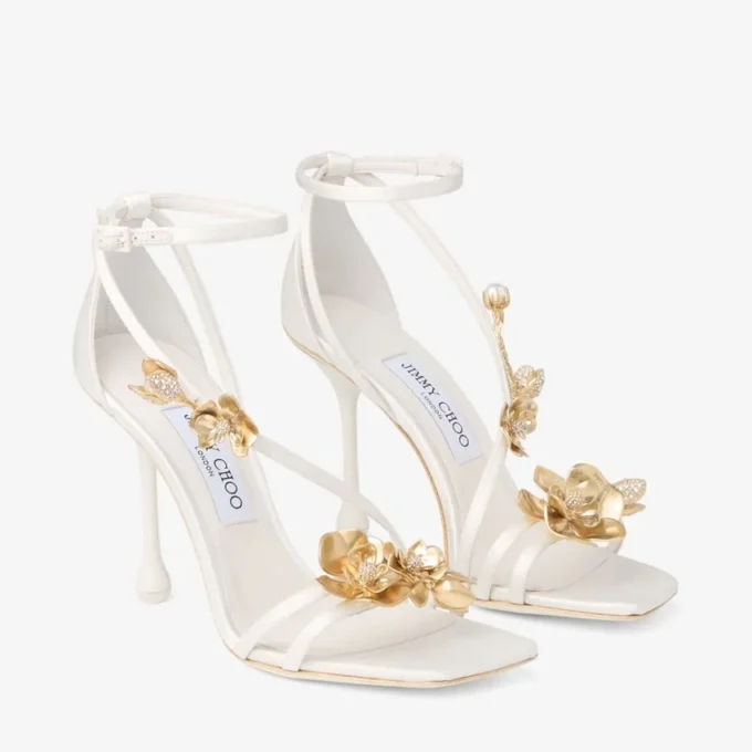 Sandale Zea 95 cu flori din satin de culoare ivoriu