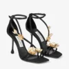 Sandale Zea 95 din satin negru cu flori metalice